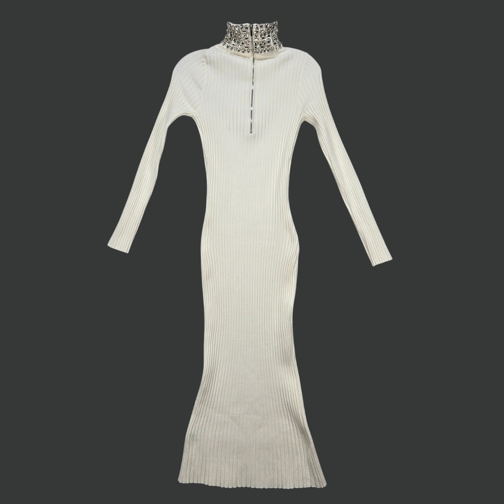 Bebe Maxi Dress Small Ribbed Knit Embellished Mock Neck Long Sleeve Glam #1654 - Picture 3 of 11